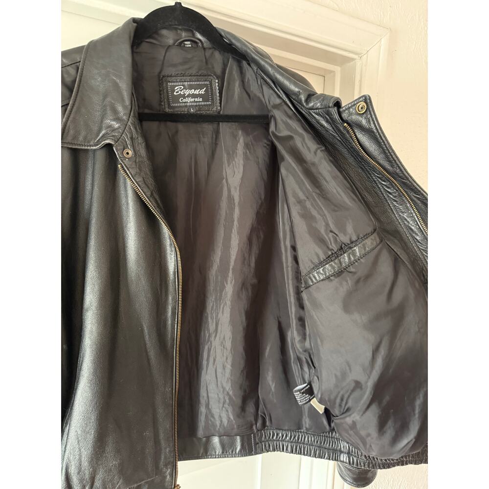 Vintage Black Genuine Leather Jacket Oversized 90s Minimal Beyond California L - Picture 8 of 12